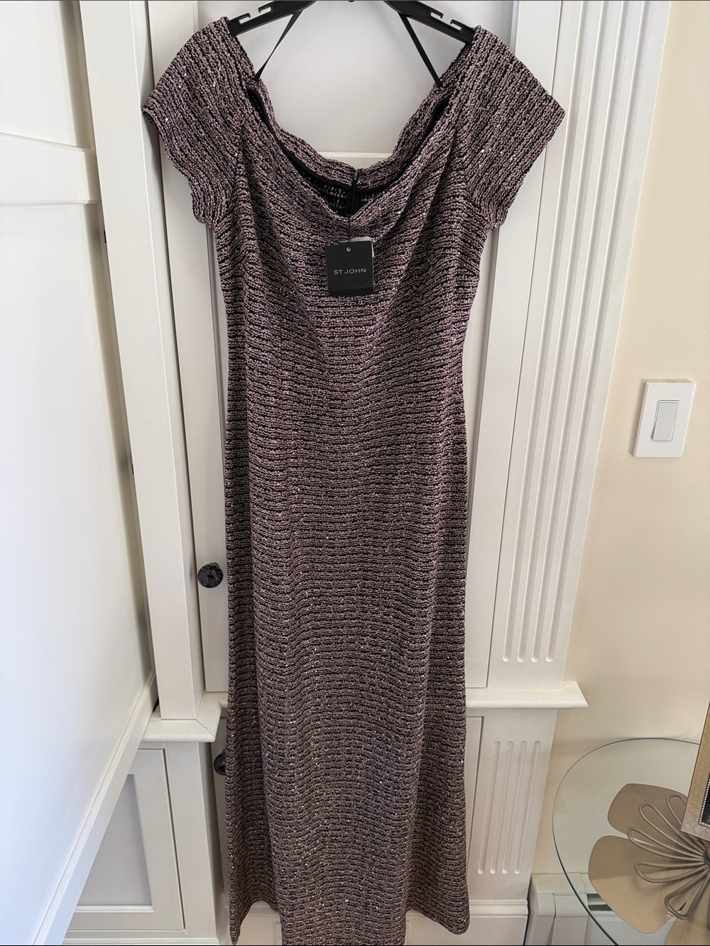 St. John Dusty Mauve Knit Off-Shoulder Maxi Dress